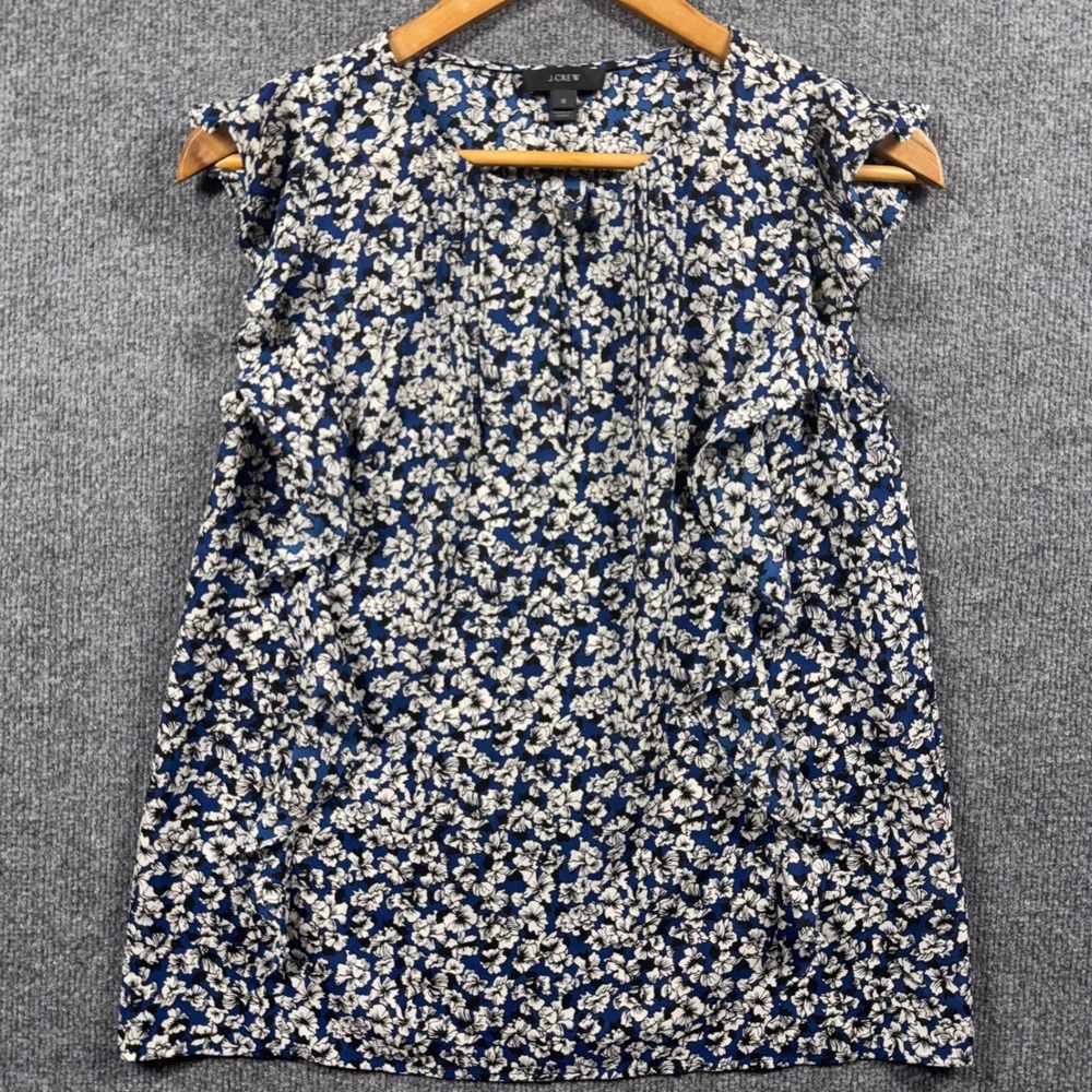 J Crew Shirt Women 0 Floral Print Pleated Flutter Sleeve Blue White